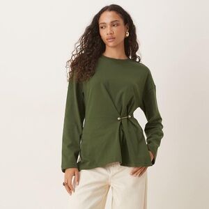 Green Cinched Long Sleeve Top with Pin Detail